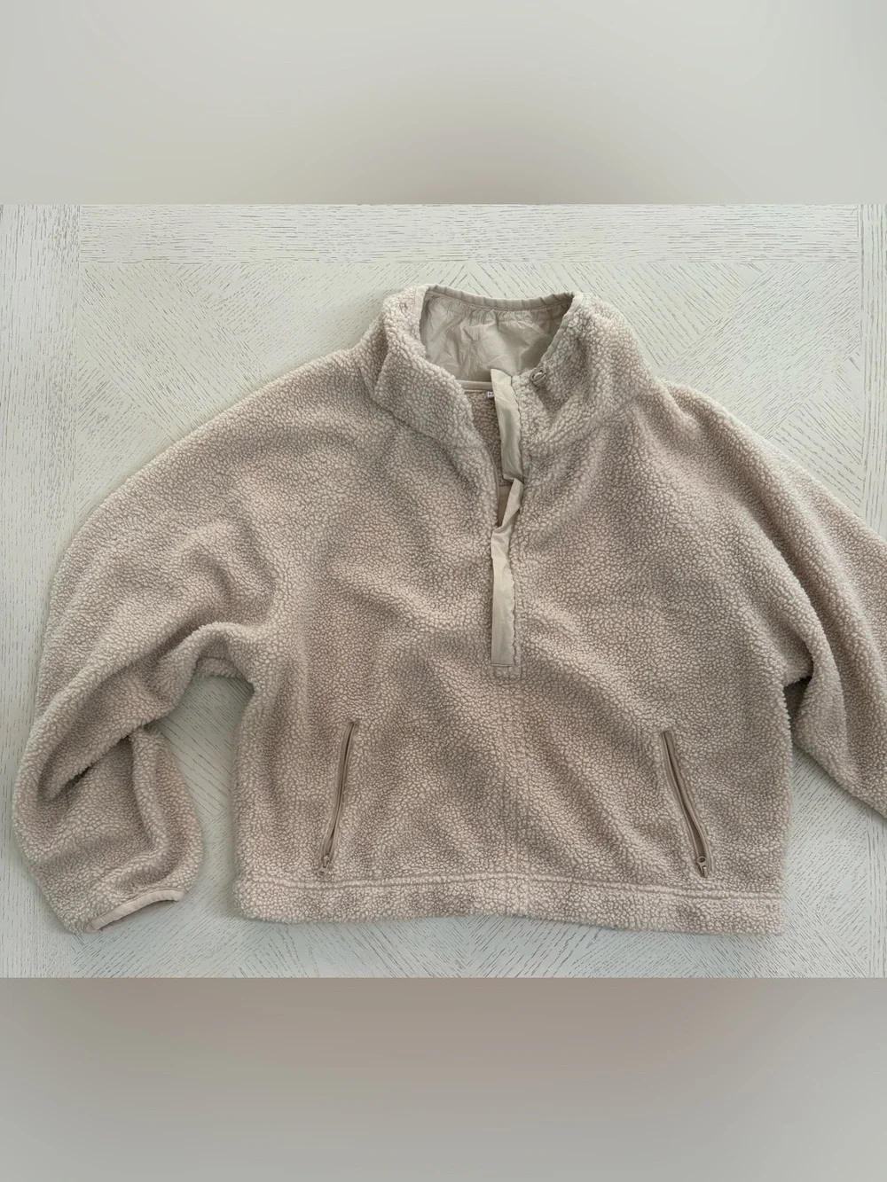 Cozy Sand Sherpa Pullover Quarter Zip Jacket